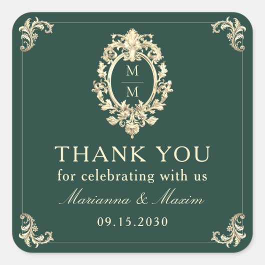 Emerald Green Gold Baroque Wedding Thank You Vierkante Sticker (Voorkant)