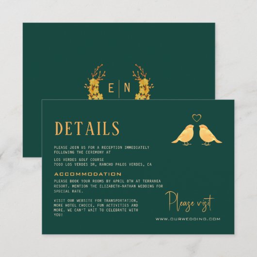 Emerald Green & Gold Birds Flowers Weddenschap Det Informatiekaartje (Voorkant / Achterkant)