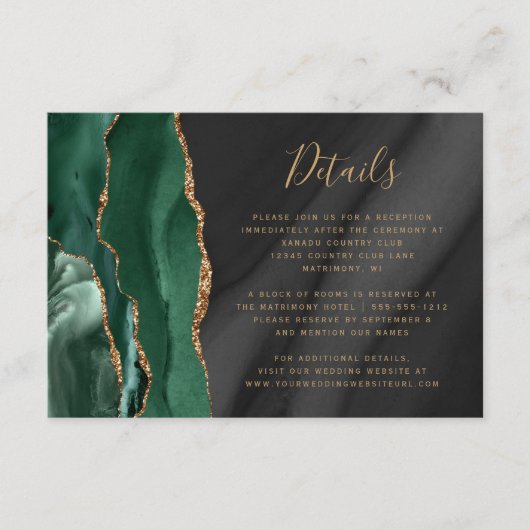 Emerald Green Gold Black Agaat Wedding Details Informatiekaartje (Voorkant)