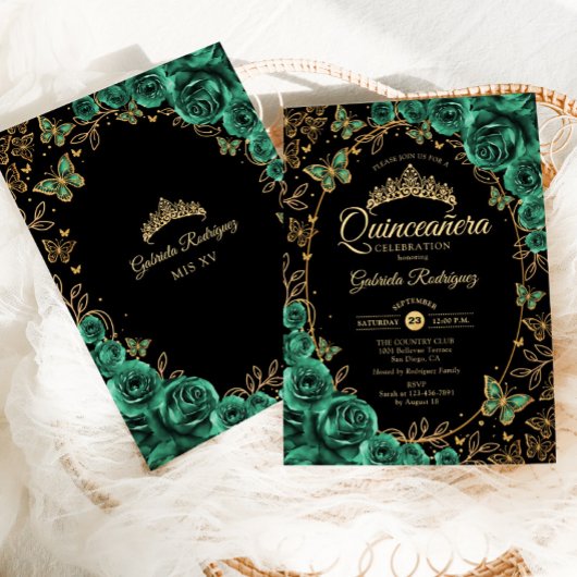 Emerald Green Gold Black Quinceanera Kaart