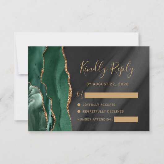Emerald Green Gold Black Waterverf Agaat Wedding RSVP Kaartje (Voorkant)