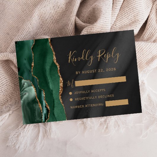 Emerald Green Gold Black Waterverf Agaat Wedding RSVP Kaartje