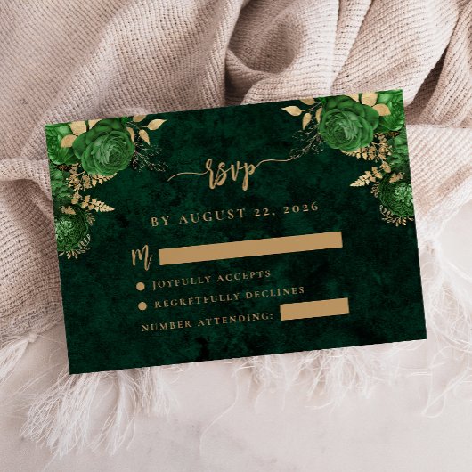 Emerald Green Gold Bloemagaat bruiloft RSVP Informatiekaartje