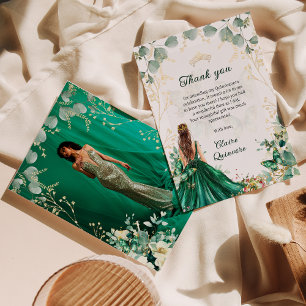 Emerald Green Gold Bloemen Foto Quinceanera Bedankkaart
