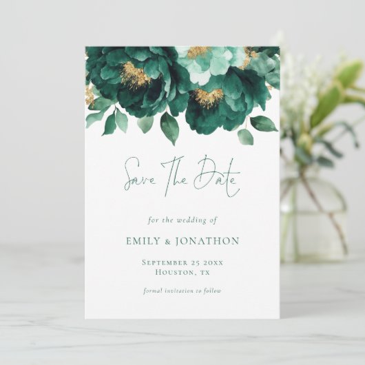 Emerald Green Gold Bloemen QR Code Huwelijk Save The Date (Staand voorkant)