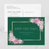 Emerald Green Gold Blush Pink Floral Bewaar de dat Aankondigingskaart (Voorkant / Achterkant)