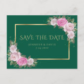 Emerald Green Gold Blush Pink Floral Bewaar de dat Aankondigingskaart (Voorkant)