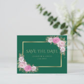 Emerald Green Gold Blush Pink Floral Bewaar de dat Aankondigingskaart (Staand voorkant)