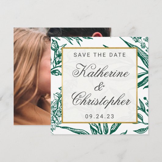 Emerald Green Gold Botanical Photo Save the Date (Voorkant / Achterkant)