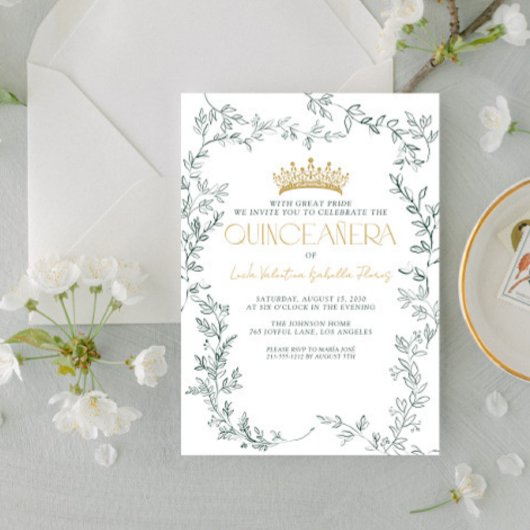 Emerald Green Gold Botanische Bloemen Quinceañera Kaart