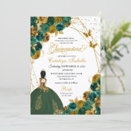 Emerald Green Gold Butterfly Princess Quinceanera Kaart