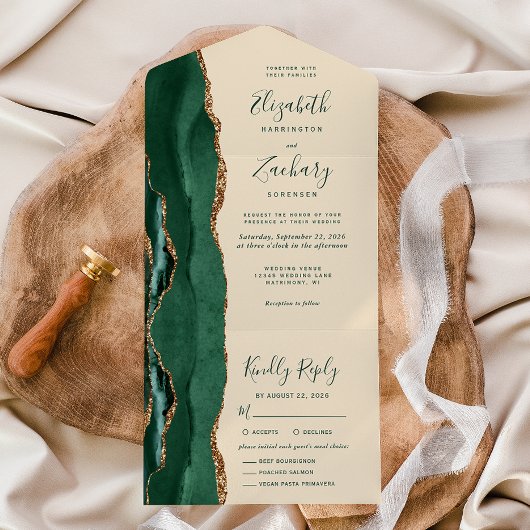 Emerald Green Gold Champagne Meal Options Wedding All In One Uitnodiging