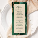 Emerald Green Gold Champagne Wedding Menu<br><div class="desc">Dit stijlvolle moderne huwelijksmenu heeft een smaragdgroene waterverf agaatachtergrond. De aanpasbare tekst combineert een groen grillig handschrift met cursief en koperachtig lettertype op een champagnebeige achtergrond. De achterkant heeft een bijpassend smaragdgroen en gouden agaat ontwerp.</div>