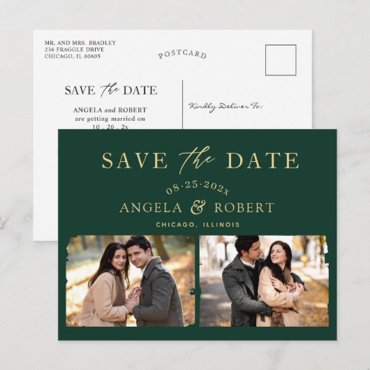 Emerald Green Gold Classy 2 Foto Save the Date Briefkaart (Voorkant / Achterkant)