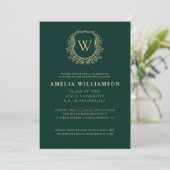 Emerald Green Gold Crest Monogram Afstudeerfeest Kaart (Staand voorkant)