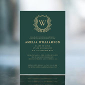 Emerald Green Gold Crest Monogram Afstudeerfeest Kaart
