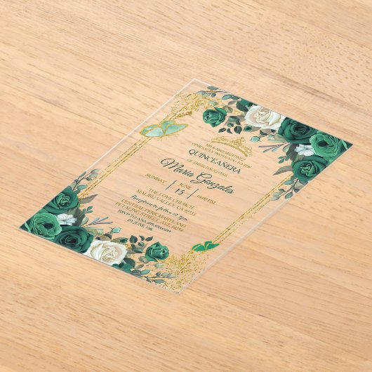 Emerald Green Gold Crown Quinceañera Butterfly Acryl Uitnodigingen (Laagn)