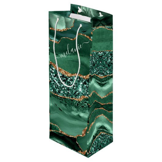 Emerald Green Gold Custom Naam Wijn Gift Bag Cadeautas (Achterkant Gekanteld)