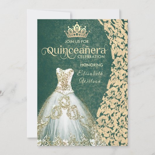 Emerald green gold dress damask tiara Quinceañera Kaart (Voorkant)