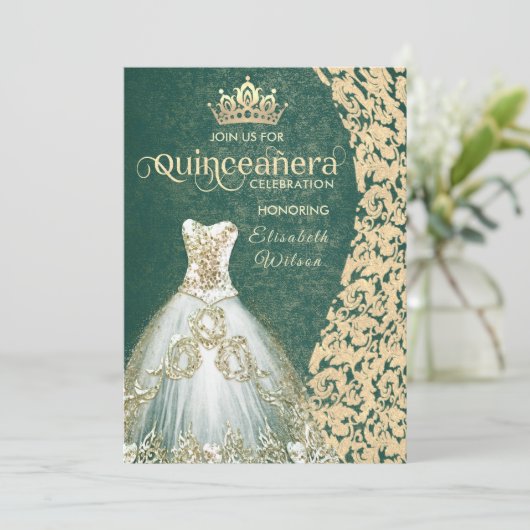 Emerald green gold dress damask tiara Quinceañera Kaart (Staand voorkant)