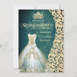 Emerald green gold dress damask tiara Quinceañera Kaart