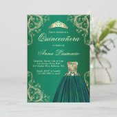 Emerald Green Gold Dress Decorative Quinceanera Kaart (Staand voorkant)