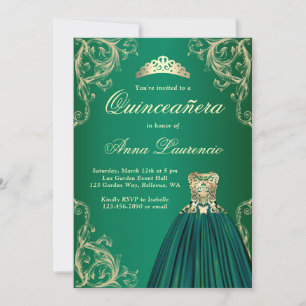 Emerald Green Gold Dress Decorative Quinceanera Kaart