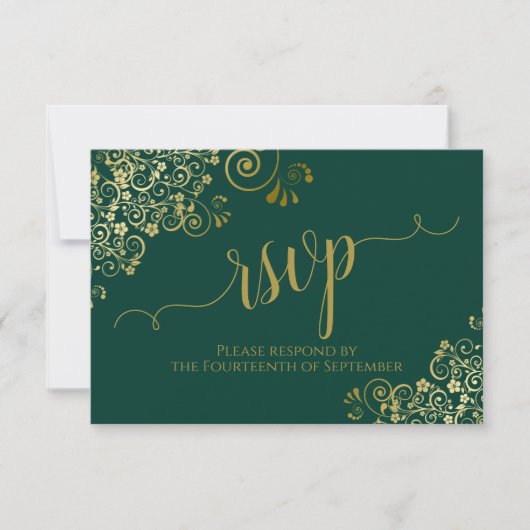 Emerald Green & Gold Elegant Calligraphy Wedding RSVP Kaartje (Voorkant)