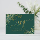 Emerald Green & Gold Elegant Calligraphy Wedding RSVP Kaartje (Staand voorkant)