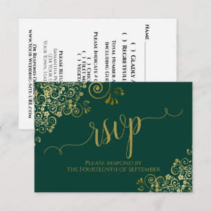 Emerald Green & Gold Elegant Calligraphy Wedding RSVP Kaartje