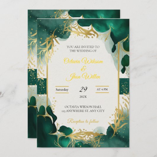 Emerald Green & Gold Elegant Wedding Invitation Kaart (Voorkant / Achterkant)