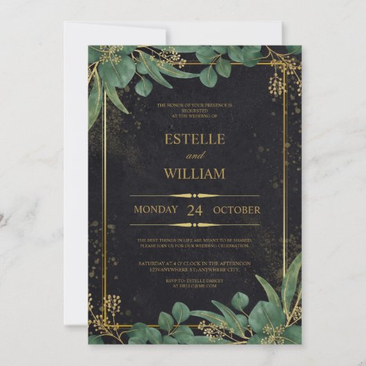 Emerald Green & Gold Elegant Wedding Invitation Kaart (Voorkant)