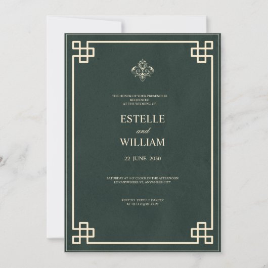Emerald Green & Gold Elegant Wedding Invitation Kaart (Voorkant)