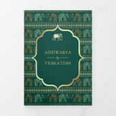 Emerald Green Gold Elephant Indian Fotobruiloft Drieluik Uitnodiging (Cover)