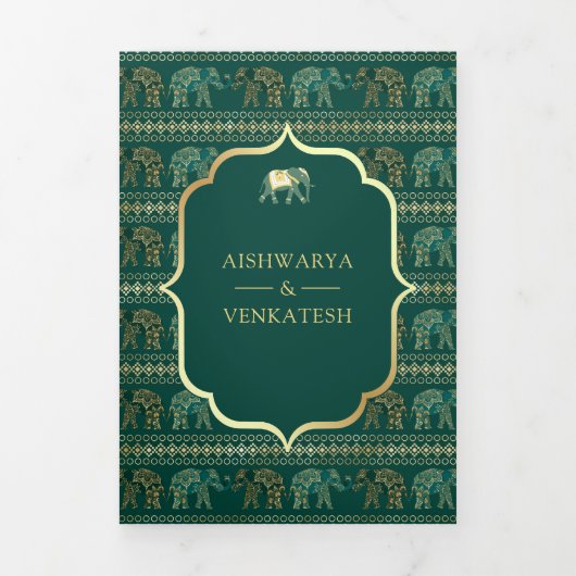Emerald Green Gold Elephant Indian Fotobruiloft Drieluik Uitnodiging (Cover)