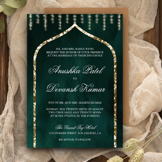 Emerald Green Gold Ethnic Indian Arch Wedding Kaart