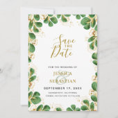 Emerald Green & Gold Eucalyptus Elegant Foto Save The Date (Voorkant)