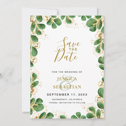 Emerald Green & Gold Eucalyptus Elegant Foto Save The Date (Voorkant)