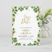 Emerald Green & Gold Eucalyptus Elegant Foto Save The Date (Staand voorkant)