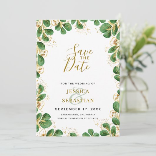 Emerald Green & Gold Eucalyptus Elegant Foto Save The Date (Staand voorkant)