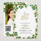 Emerald Green & Gold Eucalyptus Elegant Foto Save The Date (Voorkant / Achterkant)