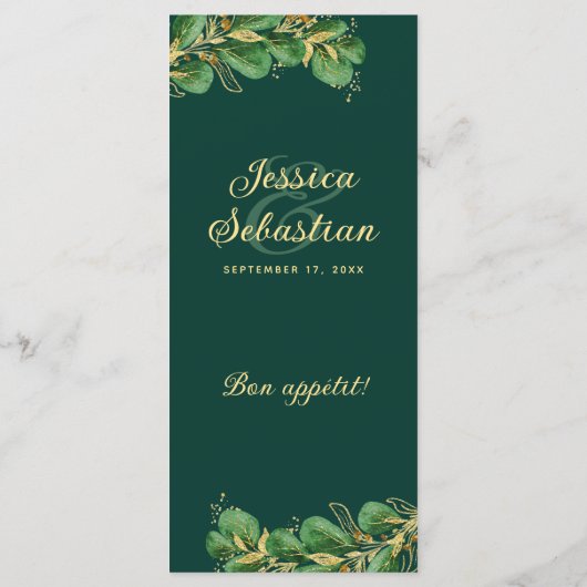 Emerald Green & Gold Eucalyptus Greenery Wedding Menu (Achterkant)