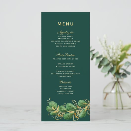 Emerald Green & Gold Eucalyptus Greenery Wedding Menu (Staand voorkant)