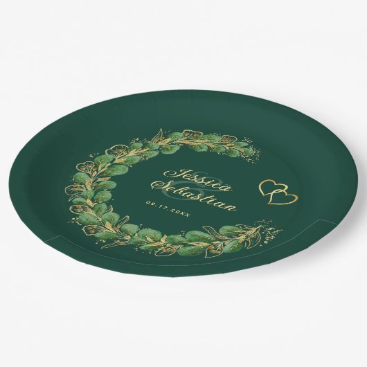 Emerald Green & Gold Eucalyptus Jewel Tone Weddens Papieren Bordje (Gekanteld)