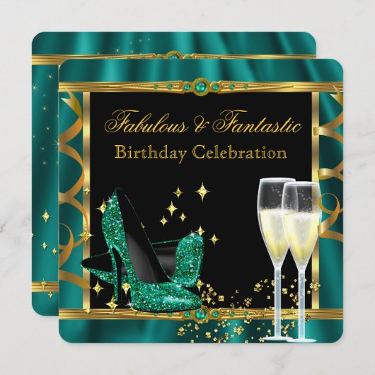 Emerald Green Gold Fabulous Heels Birthday Party 2 Kaart (Voorkant / Achterkant)
