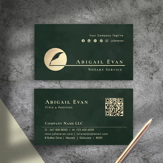 Emerald Green Gold Feather Logo Notary Service Visitekaartje