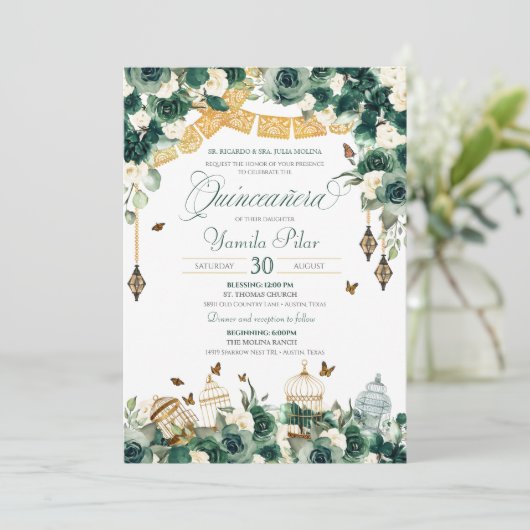 Emerald Green Gold Floral Butterflies Quinceanera Kaart (Staand voorkant)