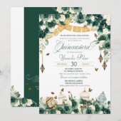 Emerald Green Gold Floral Butterflies Quinceanera Kaart (Voorkant / Achterkant)