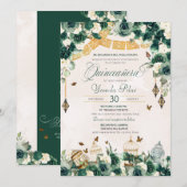 Emerald Green Gold Floral Butterflies Quinceanera Kaart (Voorkant / Achterkant)