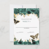 Emerald Green Gold Floral Butterflies Quinceanera RSVP Kaartje (Voorkant)